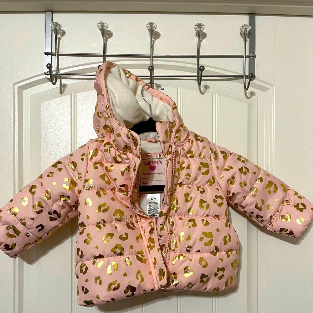 Carter’s Pink Leopard Puffer Jacket with hoodie girls sz 12m.